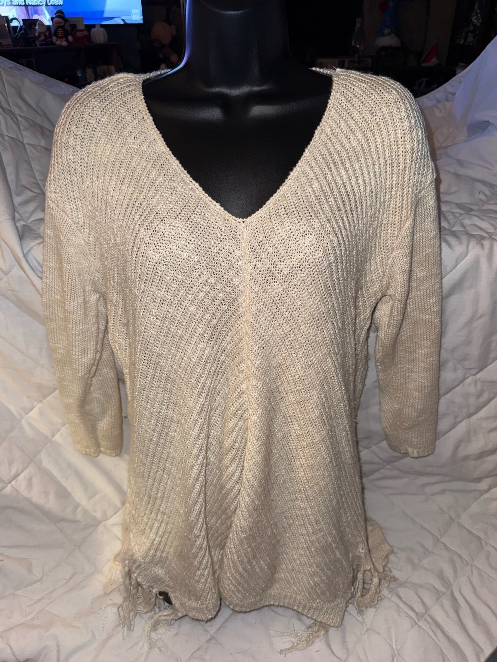 American Rag Beige Fringe V-Neck Sweater Top